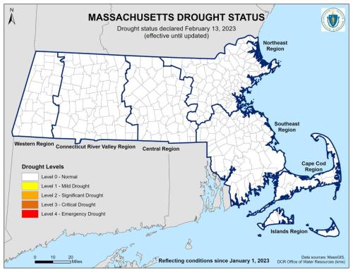 Drought status graphic showing map of Massachusetts indicating normal drought levels across the state