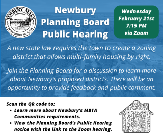 Newbury Planning Board Public Hearing Wednesday February 21st 7:15 PM via Zoom - QR Code for Zoom Link