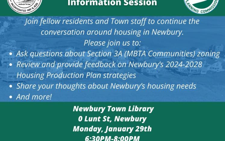 Newbury Housing Information Session - Monday, Jan. 29, 2024, 6:30pm - Newbury Town Library Community Room