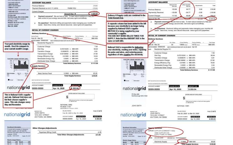 Sample National Grid bill - before and after enrollment in an aggregation